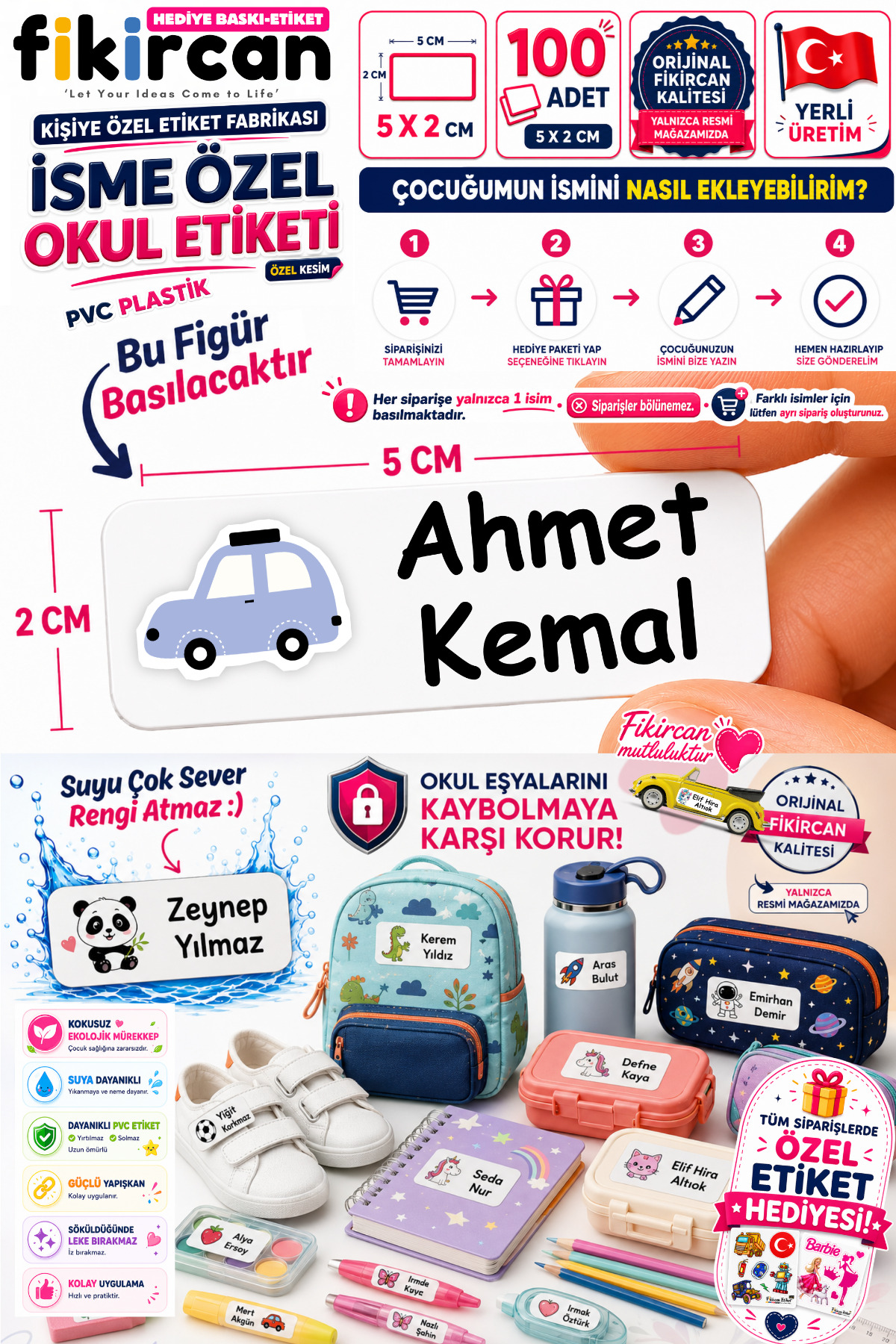 İsme Özel Okul Etiketi - 100 Adet - 5 x 2cm - PVC Etiket - FİGÜR 32 — fotoğraf 1