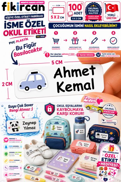 İsme Özel Okul Etiketi - 100 Adet - 5 x 2cm - PVC Etiket - FİGÜR 32