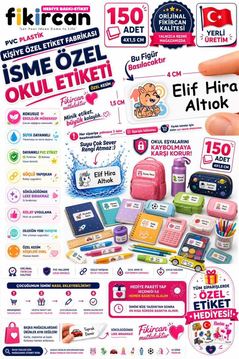 İsme Özel Okul Etiketi - 150 Adet - 1.5 x 4 cm - PVC Etiket - FİGÜR 92 — fotoğraf 1
