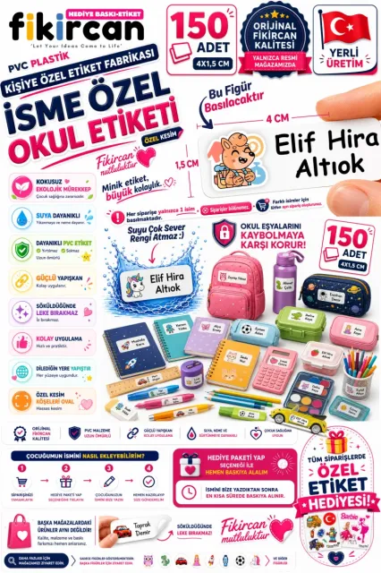 İsme Özel Okul Etiketi - 150 Adet - 1.5 x 4 cm - PVC Etiket - FİGÜR 92