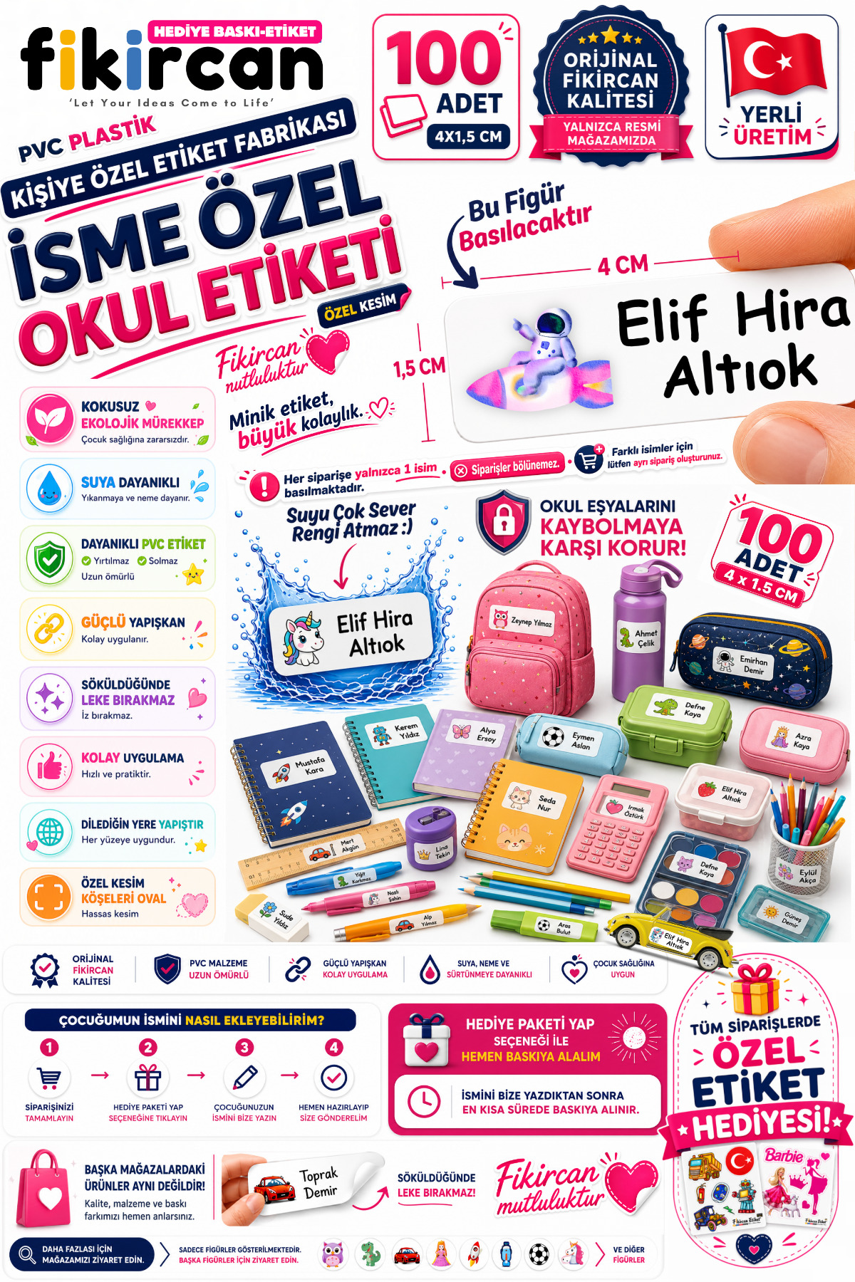 İsme Özel Okul Etiketi - 100 Adet - 1.5 x 4 cm - PVC Etiket - FİGÜR 9 — fotoğraf 1