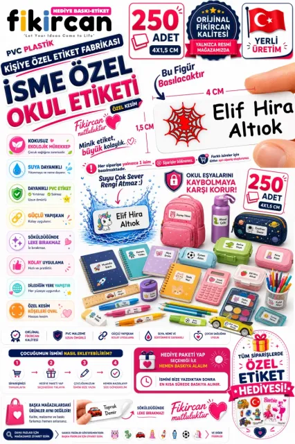 İsme Özel Okul Etiketi - 250 Adet - 1.5 x 4 cm - PVC Etiket - FİGÜR 20