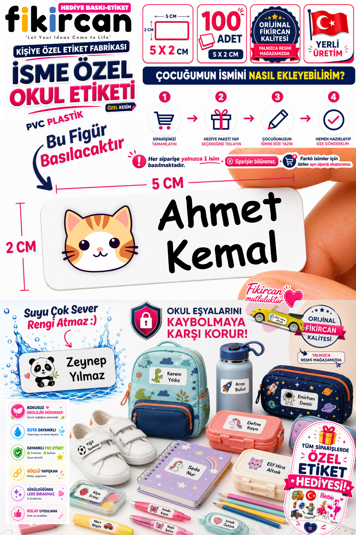 İsme Özel Okul Etiketi - 100 Adet - 5 x 2 cm - PVC Etiket - FİGÜR 98 — fotoğraf 1