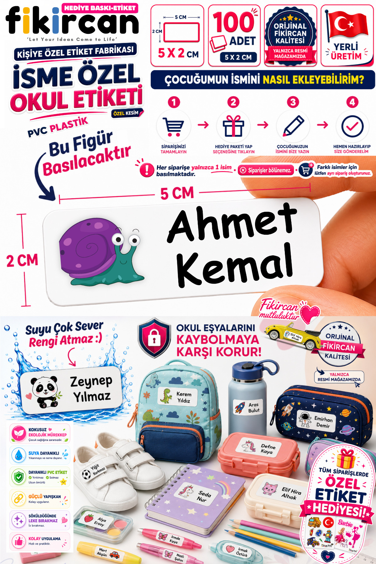 İsme Özel Okul Etiketi - 100 Adet - 5 x 2cm - PVC Etiket - FİGÜR 116