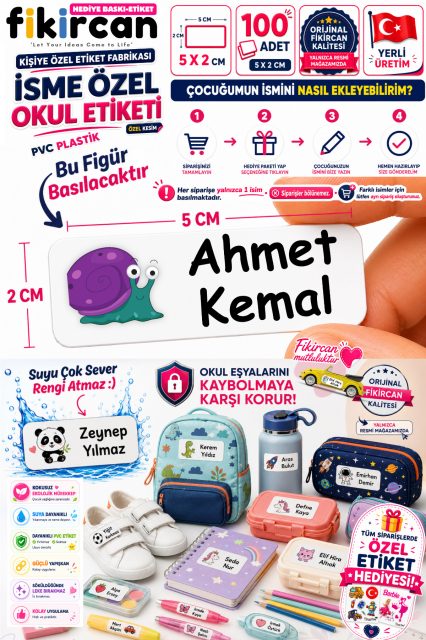 İsme Özel Okul Etiketi - 100 Adet - 5 x 2cm - PVC Etiket - FİGÜR 116