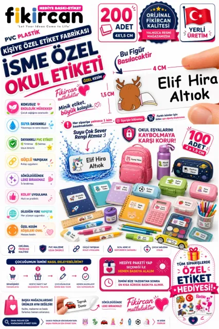 İsme Özel Okul Etiketi - 200 Adet - 1,5 x 4 cm - PVC Etiket - - FİGÜR 91