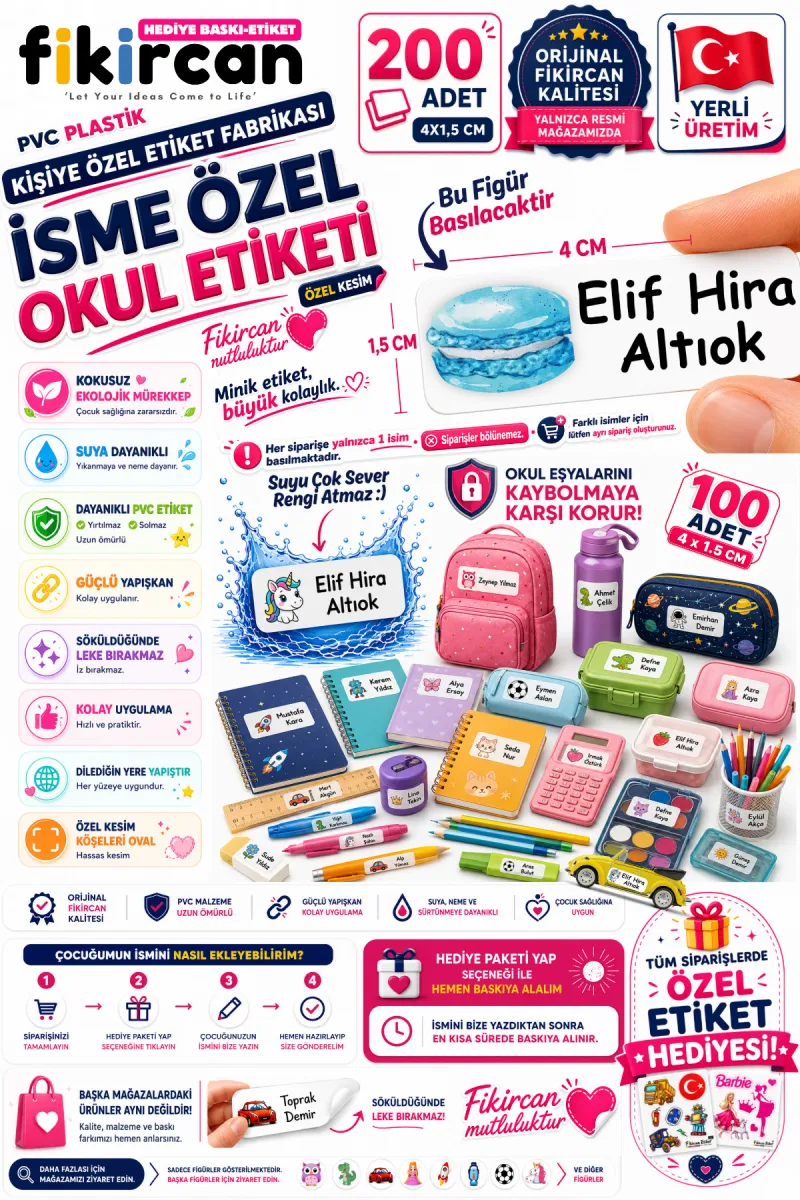 İsme Özel Okul Etiketi - 200 Adet - 1,5 x 4 cm - PVC Etiket - - FİGÜR 41 — fotoğraf 1