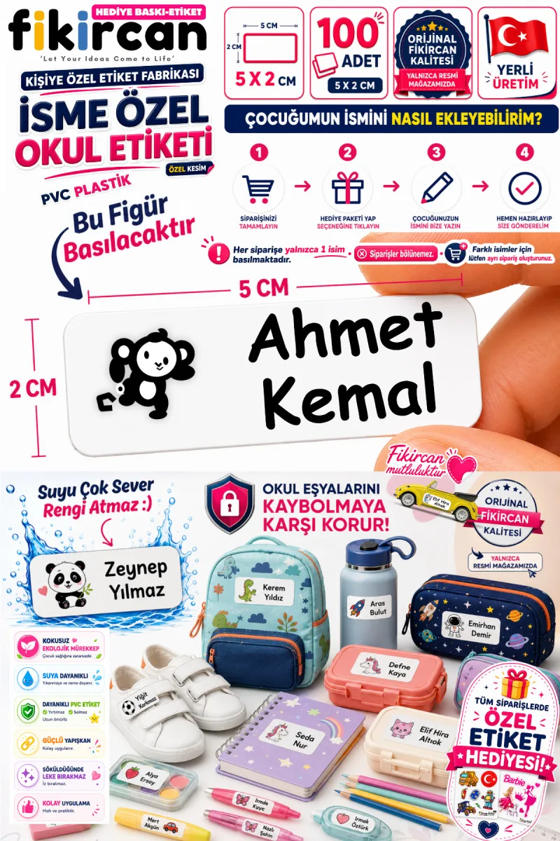 İsme Özel Okul Etiketi - 100 Adet - 5 x 2 cm - PVC Etiket - FİGÜR 16 — fotoğraf 1