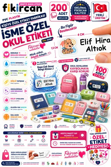 İsme Özel Okul Etiketi - 200 Adet - 1.5 x 4 cm - PVC Etiket - FİGÜR 92