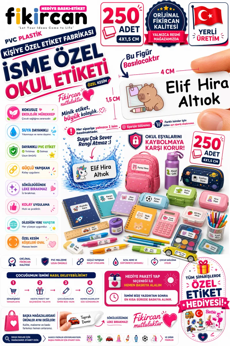 İsme Özel Okul Etiketi - 250 Adet - 1.5 x 4 cm - PVC Etiket - FİGÜR 57 — fotoğraf 1