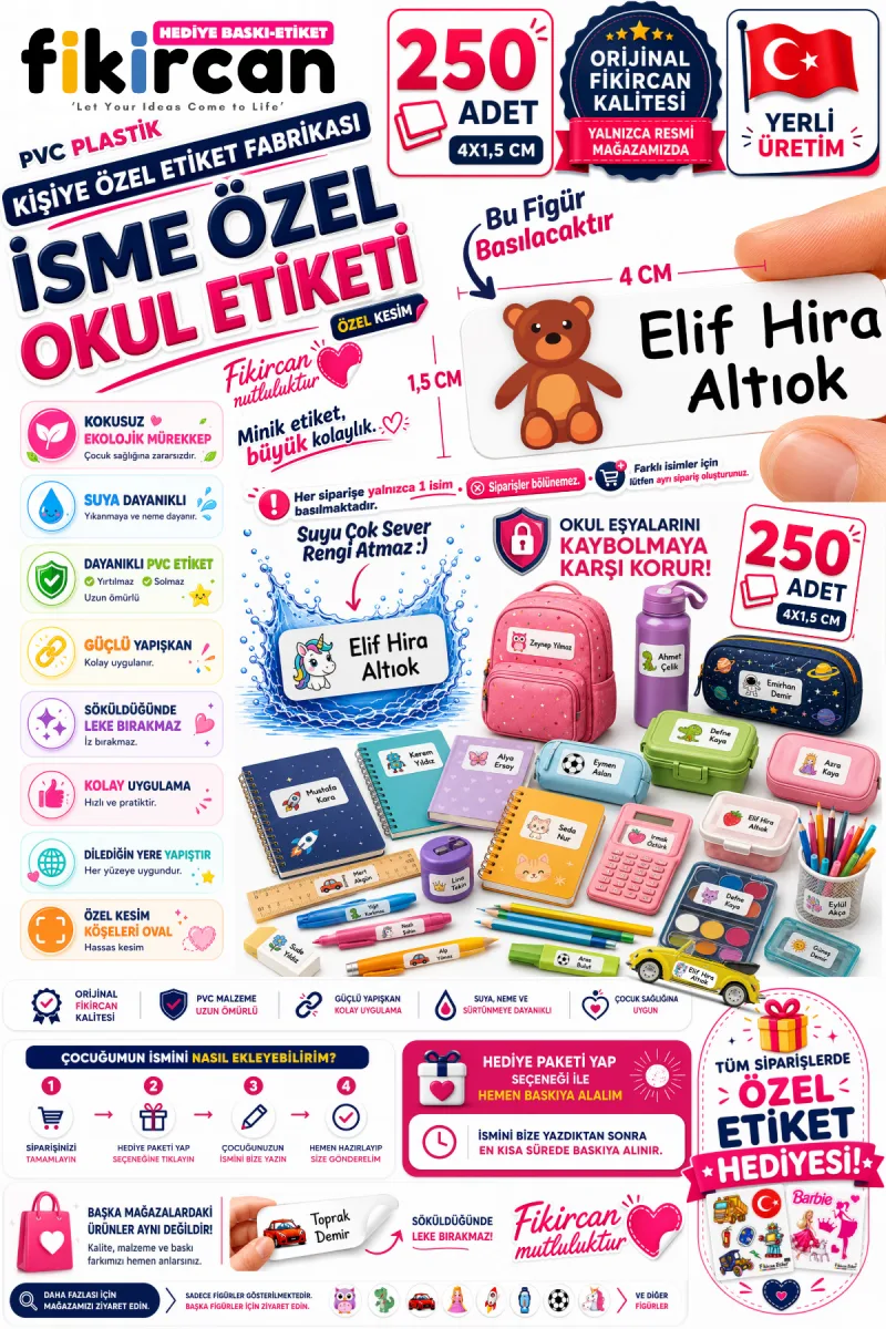 İsme Özel Okul Etiketi - 250 Adet - 1.5 x 4 cm - PVC Etiket - FİGÜR 29 — fotoğraf 1