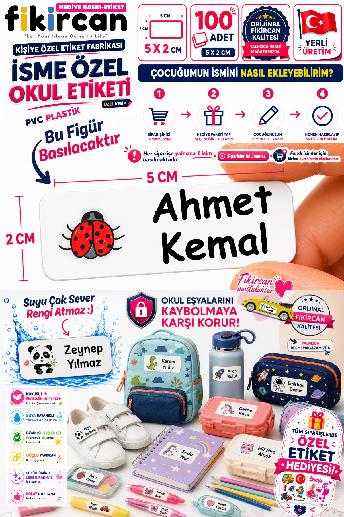 Isme Ozel Okul Etiketi - 100 Adet - 5 x 2 cm - PVC Etiket - FİGÜR 18