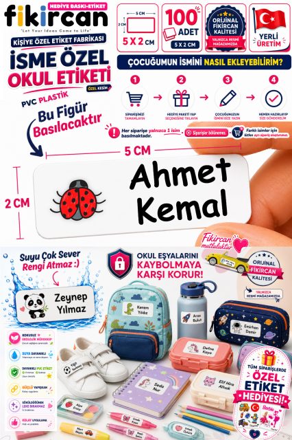 Isme Ozel Okul Etiketi - 100 Adet - 5 x 2 cm - PVC Etiket - FİGÜR 18