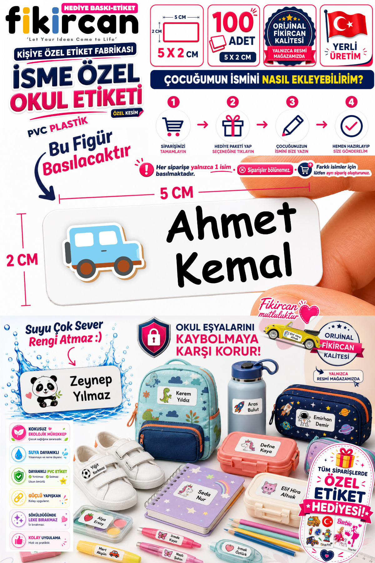 İsme Özel Okul Etiketi - 100 Adet - 5 x 2 cm - PVC Etiket - FİGÜR 127 — fotoğraf 1