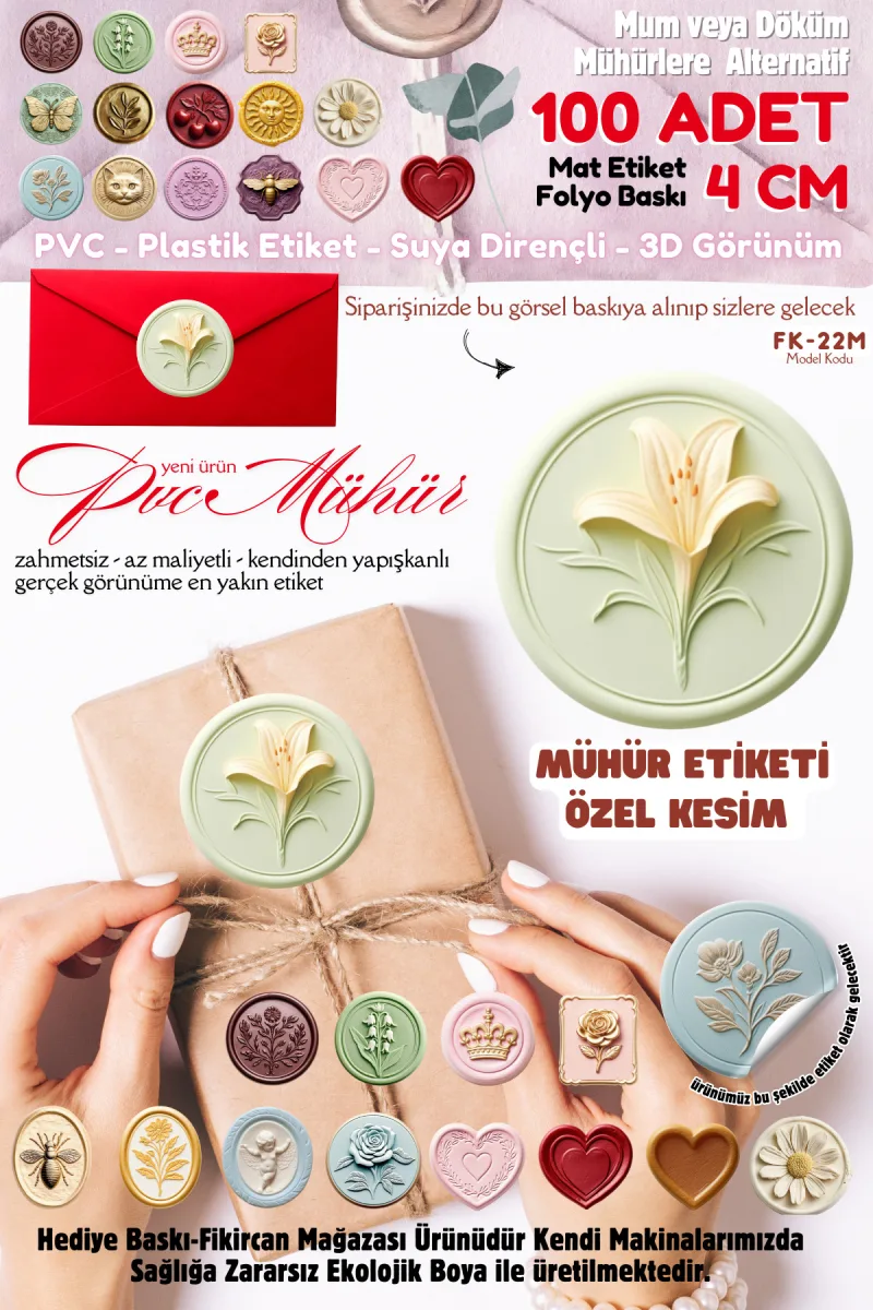 MÜHÜR ETİKETİ 100 Adet Kokusuz Ekolojik Mürekkep PVC ETİKET 4 CM MUM VE DÖKÜM ALTERNATİF — fotoğraf 1