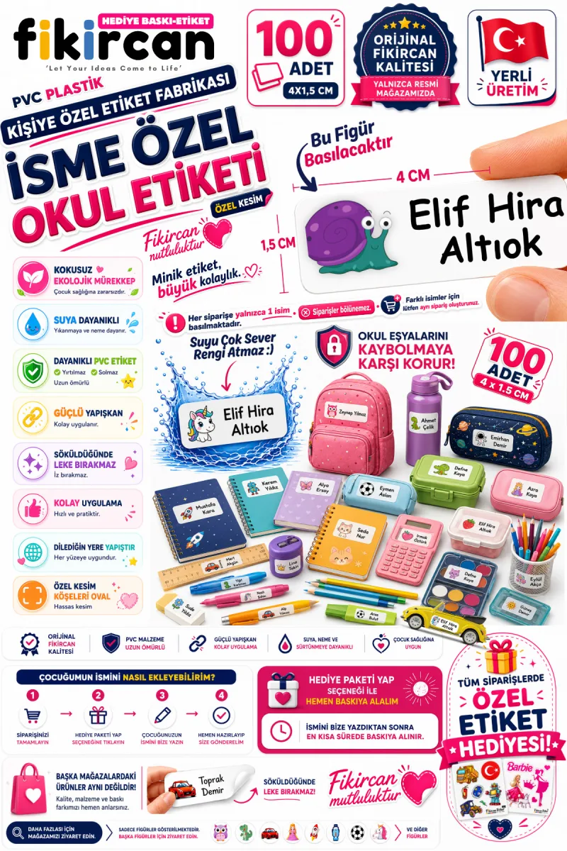 İsme Özel Okul Etiketi - 100 Adet - 1.5 x 4 cm - PVC Etiket - FİGÜR 116 — fotoğraf 1