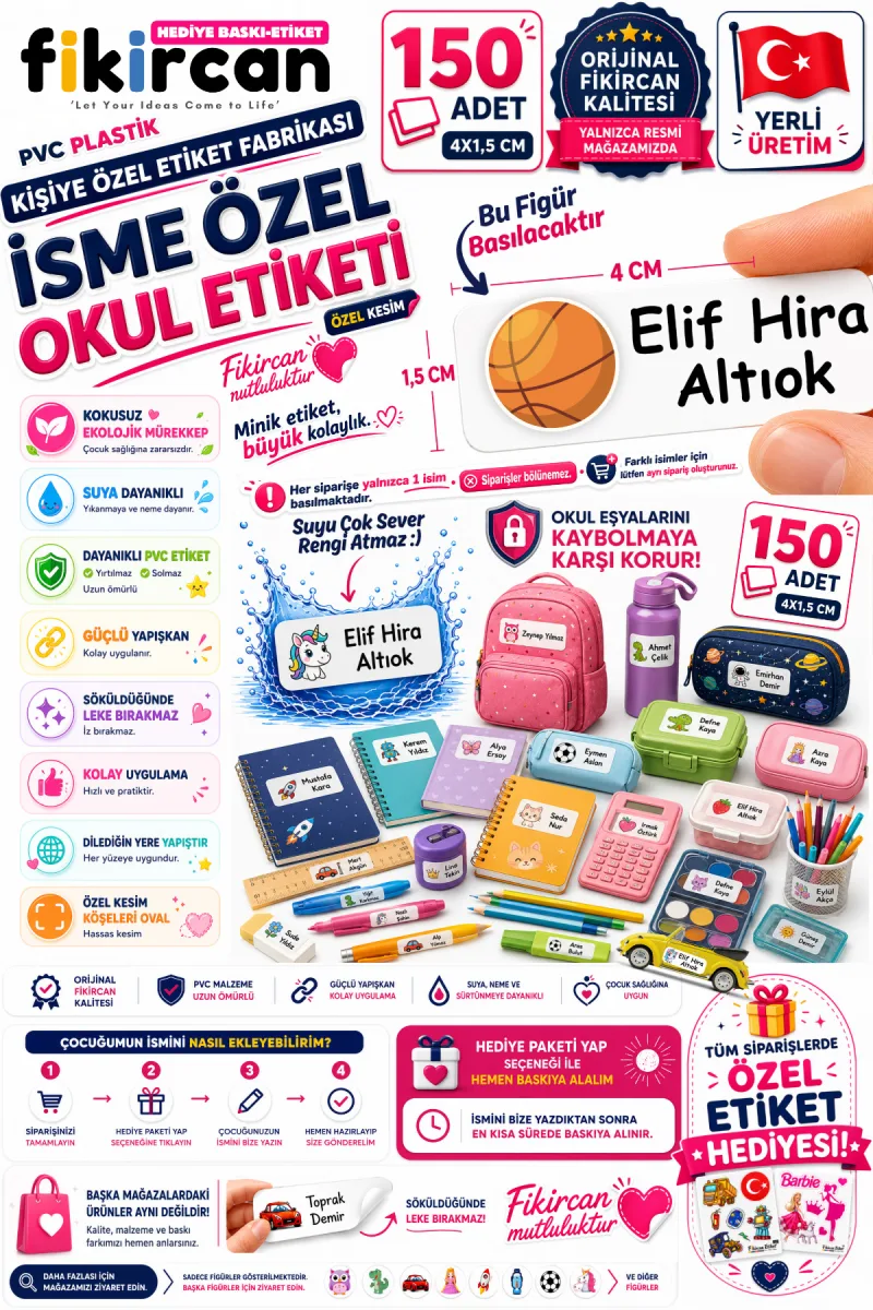 İsme Özel Okul Etiketi - 150 Adet - 1.5 x 4 cm - PVC Etiket - FİGÜR 87 — fotoğraf 1