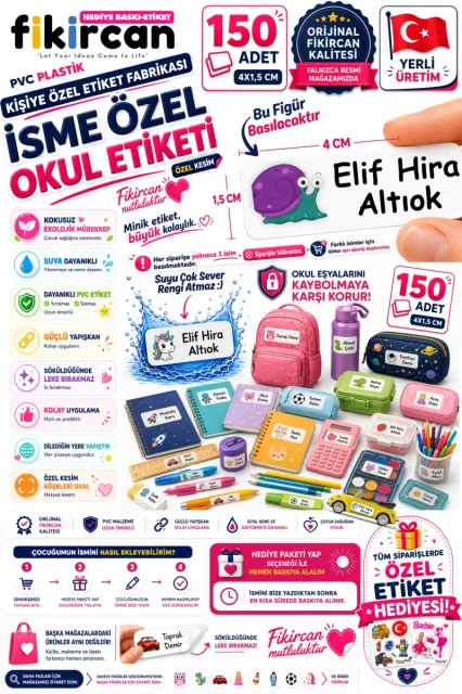 İsme Özel Okul Etiketi - 150 Adet - 1.5 x 4 cm - PVC Etiket - FİGÜR 116