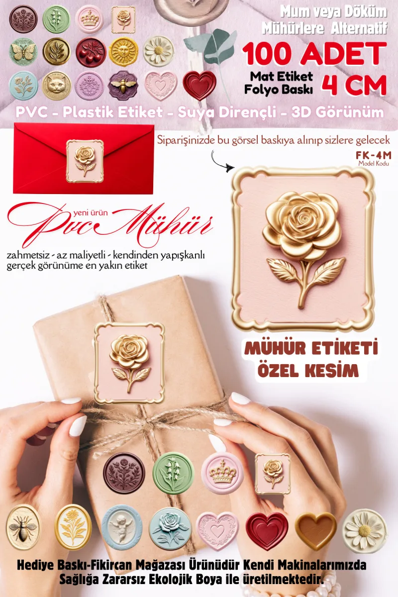 MÜHÜR ETİKETİ  100 Adet  Kokusuz Ekolojik Mürekkep PVC ETİKET 4 CM MUM VE DÖKÜM ALTERNATİF — fotoğraf 1