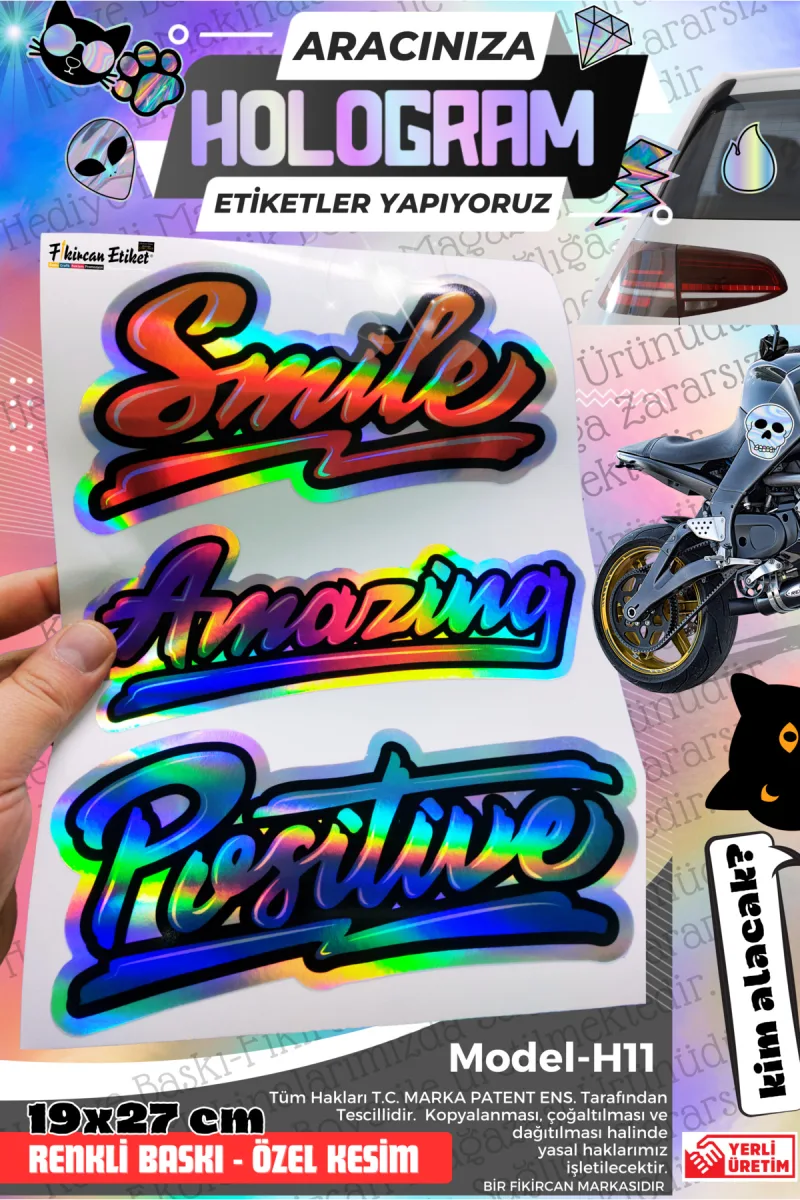 Fikircan-Hologram Etiket- Araba ve Motorsiklet Cam ve Kaporta Uyumlu Renkli Baskı Özel Kesim Sticker — fotoğraf 1
