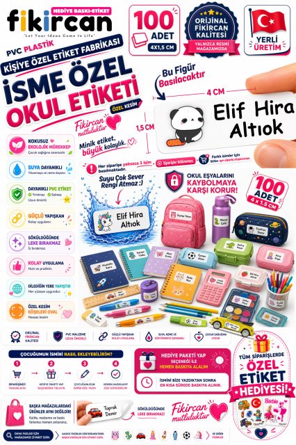 İsme Özel Okul Etiketi - 100 Adet - 1.5 x 4 cm - PVC Etiket - FİGÜR 54