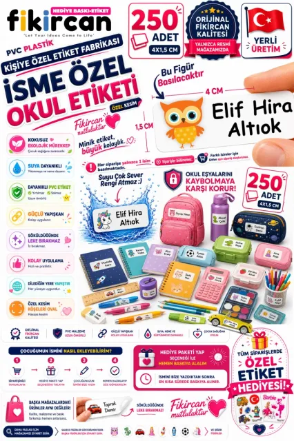 İsme Özel Okul Etiketi - 250 Adet - 1.5 x 4 cm - PVC Etiket - FİGÜR 119