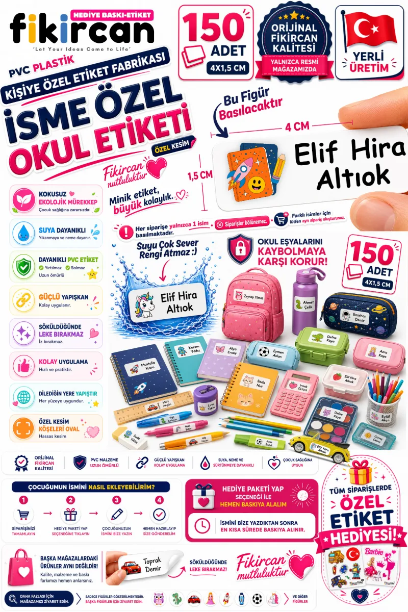 İsme Özel Okul Etiketi - 150 Adet - 1.5 x 4 cm - PVC Etiket - FİGÜR 85 — fotoğraf 1