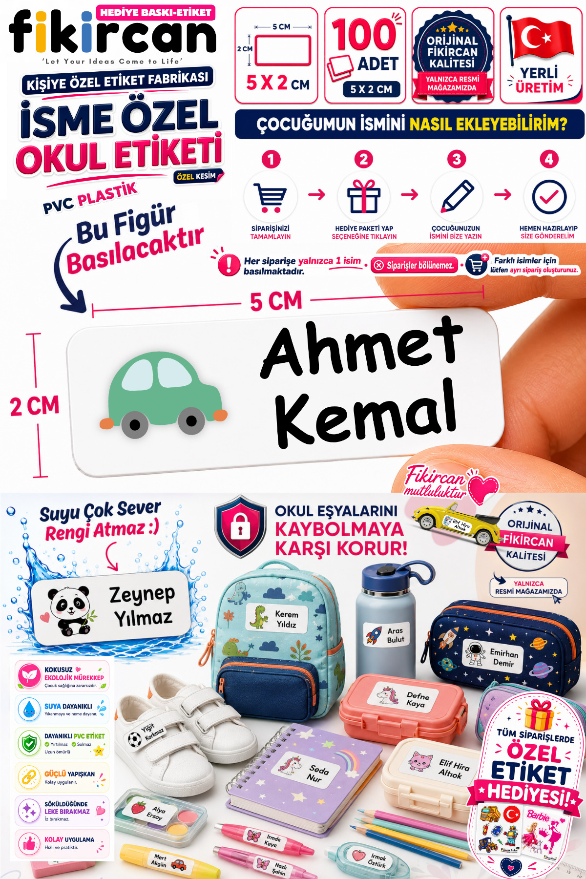 İsme Özel Okul Etiketi - 100 Adet - 5 x 2 cm - PVC Etiket - FİGÜR 80 — fotoğraf 1