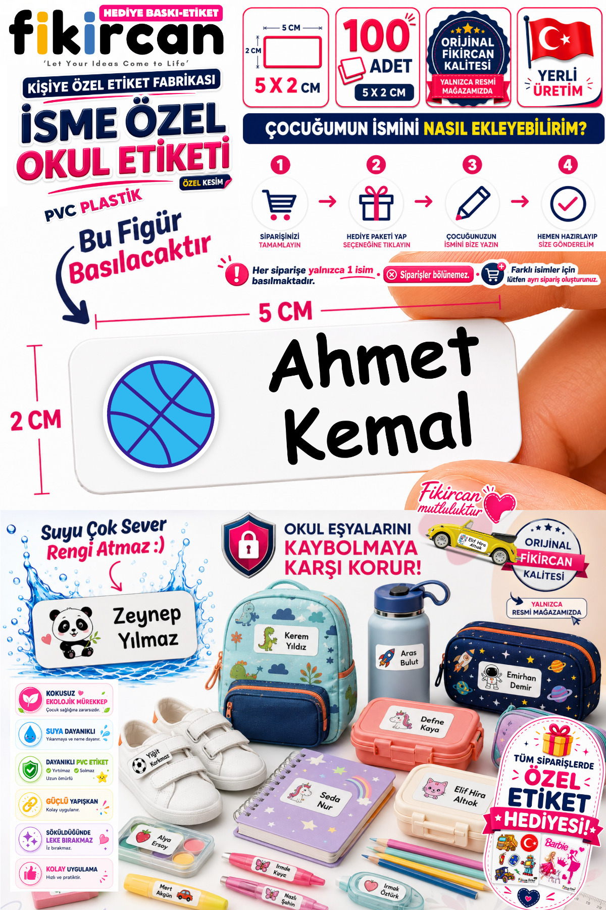 Isme Ozel Okul Etiketi - 100 Adet - 5 x 2 cm - PVC Etiket - FİGÜR 82 — fotoğraf 1