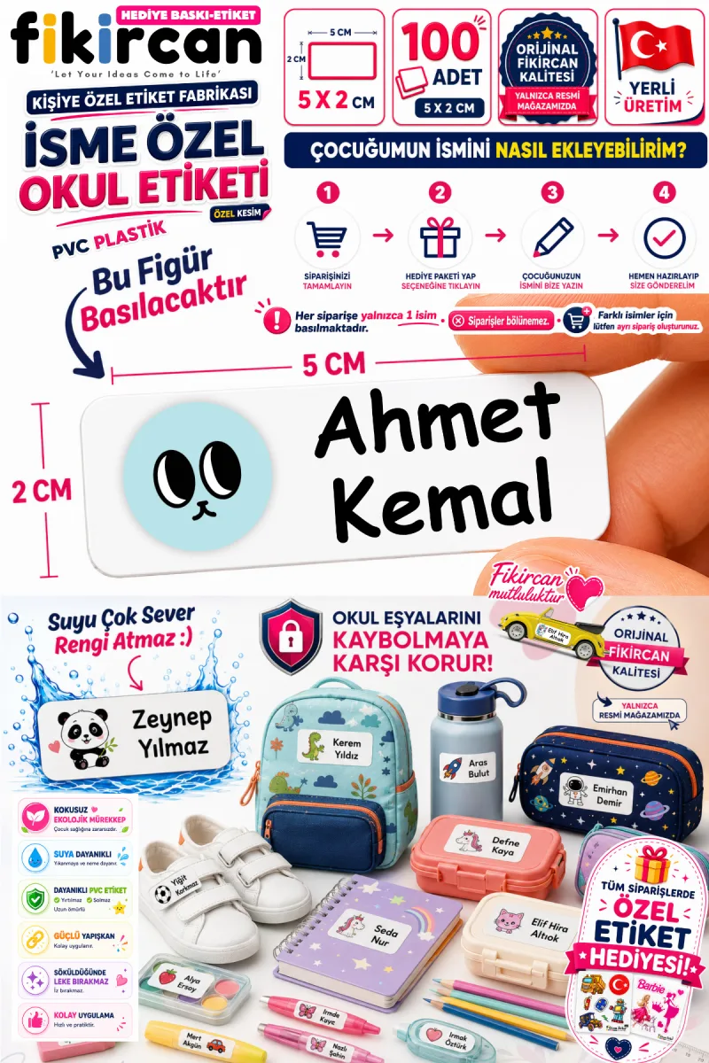 İsme Özel Okul Etiketi - 100 Adet - 5 x 2 cm - PVC Etiket - FİGÜR 35 — fotoğraf 1
