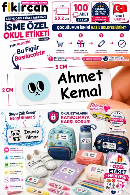İsme Özel Okul Etiketi - 100 Adet - 5 x 2 cm - PVC Etiket - FİGÜR 35