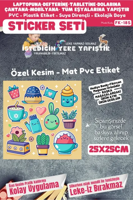 Fikircan Etiket Seti 25x25cm Pvc Sticker -Defter-Laptop-Tablet-Telefon-Dolap-Cam vb Her yere Yapışır