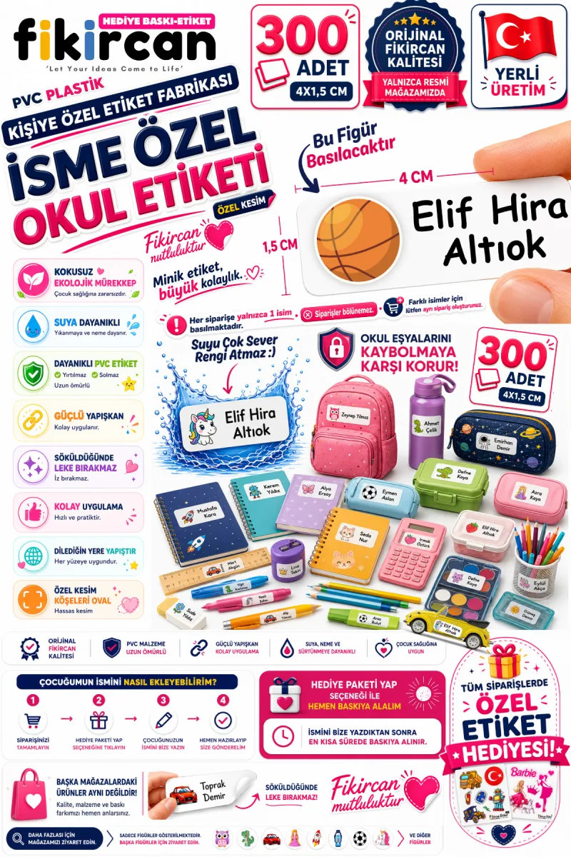 İsme Özel Okul Etiketi - 300 Adet - 1.5 x 4 cm - PVC Etiket - FİGÜR 87 — fotoğraf 1
