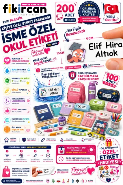 İsme Özel Okul Etiketi - 200 Adet - 1,5 x 4 cm - PVC Etiket - - FİGÜR 60