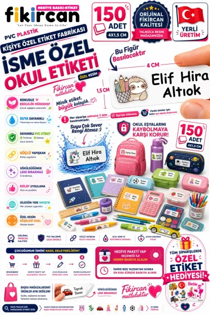 İsme Özel Okul Etiketi - 150 Adet - 1.5 x 4 cm - PVC Etiket - FİGÜR 68