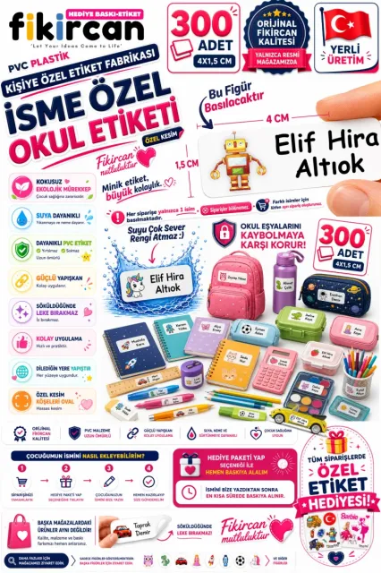 İsme Özel Okul Etiketi - 300 Adet - 1.5 x 4 cm - PVC Etiket - FİGÜR 75