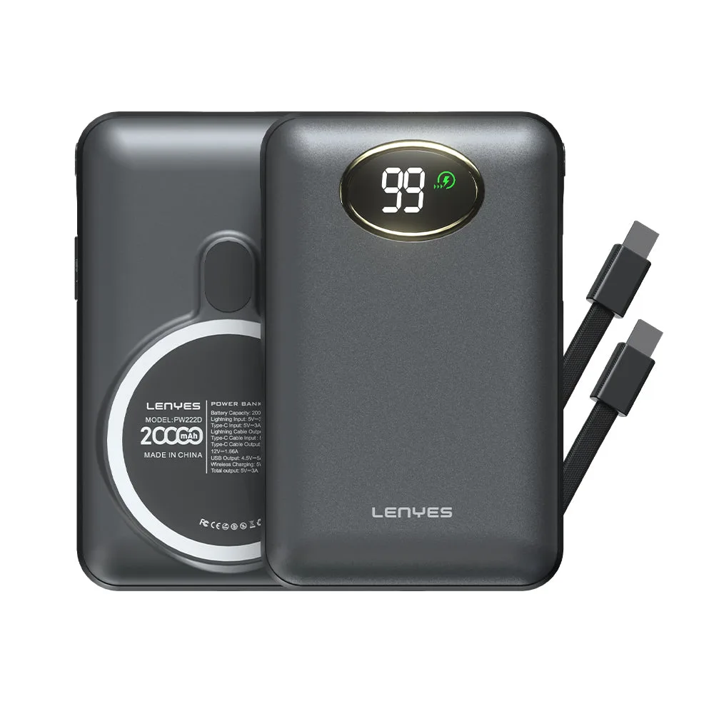 Lenyes PW222D Dijital LED Göstergeli Kablosuz Şarj Özellikli Type-C ve Lightning Kablolu Powerbank 18W 20.000mAh